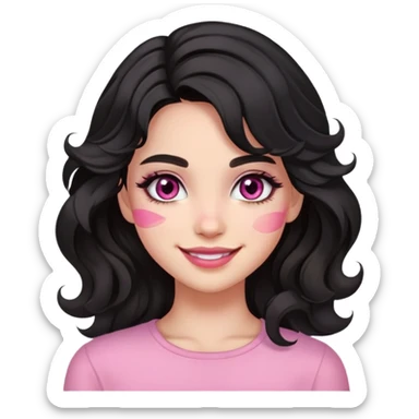 smiling girl with black wavy hair swept to the left, pink eye makeup smudged, no pink on cheeks sticker