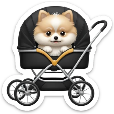 A white Pomeranian dog sits in a black baby stroller. A wheelchair with a folded roof. The image quality is ultra realistic. sticker