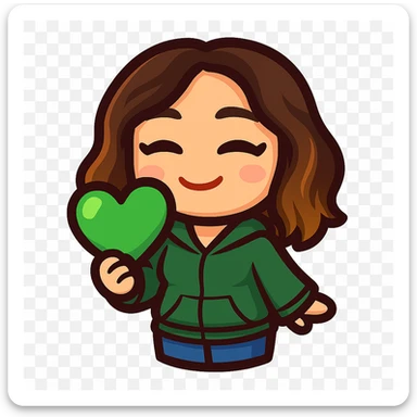 Create a chibi emote of the woman from the reference images, wearing a green hoodie and jeans, holding a green love heart, no headband, no sparkles, no wand, transparent background in sticker style sticker