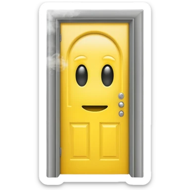Minimalist emoji-style sticker of a half-open door, with smoke and a single glowing eye visible in the dark inside. Flat design, desaturated colors.
 sticker