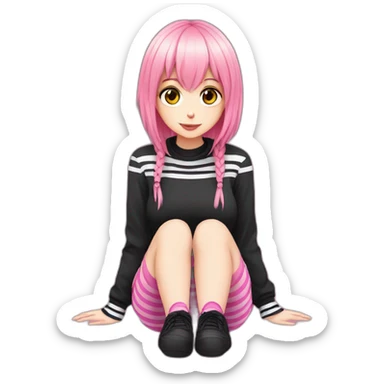full body Front view emo girl sits on the floor black skirt pink knickers long striped socks sticker