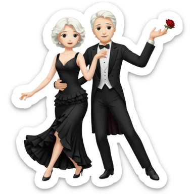 Dancing Tango couple conservative black tux for male and white long rafle dress for woman. Both male and female with white hair sticker