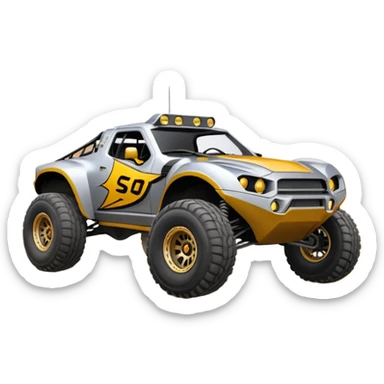 Satan’s (post race) cabaret wide-body Dirty and dented Local Motors Rally Fighter off road race car hot rod trophy truck-style flying on a dusty road (silver wheels) sticker