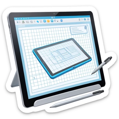 Create an emoji for 3D visualization and modeling. Show a large graphic tablet with a stylus drawing in a 3D modeling program, displaying a wireframe model that pops out from the screen. Use modern, professional colors. Do not include any emojis or smiley faces. Make the background transparent. sticker