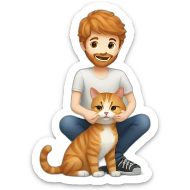 Boy with brown hair and beard playing with ginger cat sticker
