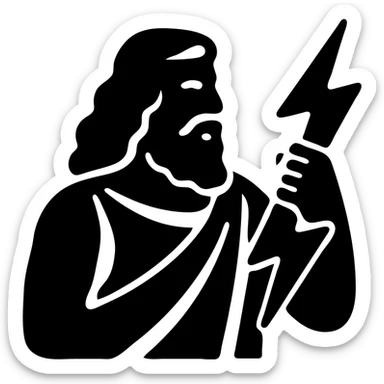 A detailed illustration of Zeus, the Greek god, with his beard, long curly hair, and regal attire, holding a lightning bolt sticker