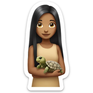 Little girl with long black hair and light tan skin holding a tortoise sticker