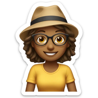 smiling girl on couch indoors with glasses and hat sticker