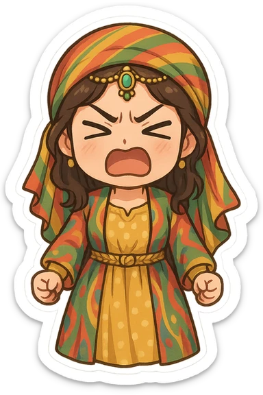 Cartoon sticker of a Kurdish woman wearing traditional colorful and cheerful Kurdish female clothing, face showing anger and rage with furrowed eyebrows and mouth open or closed, fists clenched on both sides of the body, no shadow or color halo around the image, no text, suitable for WhatsApp and Instagram, with a completely transparent background. sticker