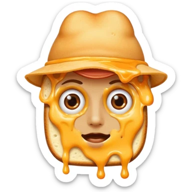 a toastie with melted cheese on the rim and an orange hat and two eyes in left  sticker