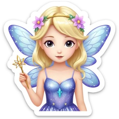 Cute fairy girl with delicate wings, sparkly wand, floral dress, and magical glitter sticker