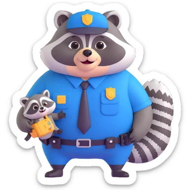 Add a playful pet raccoon beside the chubby federal agent in 3D cartoon style with transparent background. sticker