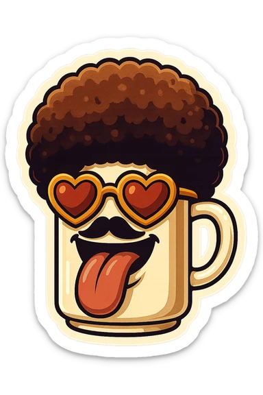 Tall coffee cupp, afro, heart glasses, big heart eyes, tounge rolled out sticker