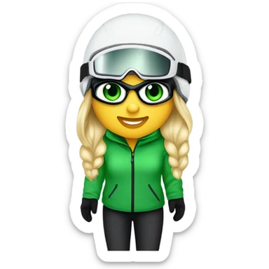 Green-eyed, fat female skier with medium-length straight blonde hair not plaited, snow goggles on helmet, white ski helmet, gray snow jacket, green ski gloves, long black pants rolled up at the bottom, black only snow boots standing tall. sticker