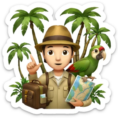 Icon for Travel Documentary: A vintage TV-style design with a traveler pointing backward, telling a story in the jungle. Include lush greenery, exotic animals, and a backpack. The traveler should be wearing a hat and holding a map. Retro, informative TV style. Transparent background. sticker