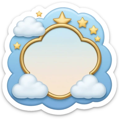 minimalist emoji style icon of a simple picture frame with dreamy elements like a small star, cloud, and thought bubble inside or around the frame, soft pastel colors, clean lines, calming inspiring vibe, hints of nature leaf or sky, touch of gold or blue for inspiration sticker