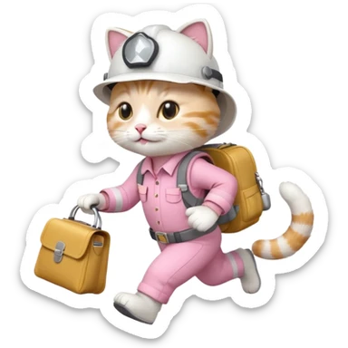 A cute white and pink funny cat cartoon style, dressed as engineer with a white helmet, running super fast carrying her cute bag, leaving a trail of smoking footsteps sticker
