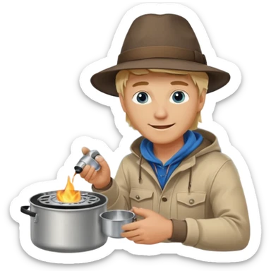 A blonde man camper boiling water on a portable stove, enjoying the outdoor sticker