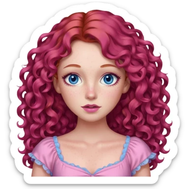 Chappell Roan long red curly hair, blue eyes, pink eyeshadow and lip, pink dress sticker