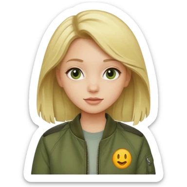 a blonde girl wearing a khaki green bomber jacket sticker
