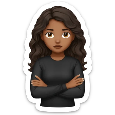 Hispanic girl dark long wavy hair crossing her arms with slight pout black long sleeve shirt sticker