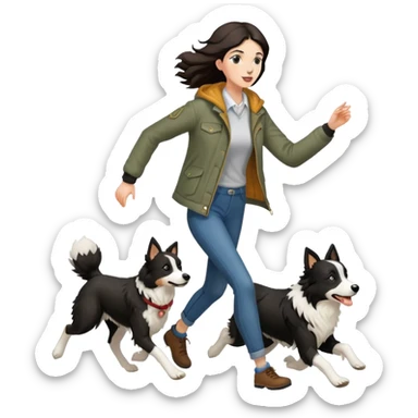 A beautiful tall girl with fair skin wearing a jacket chasing a Border Collie sticker
