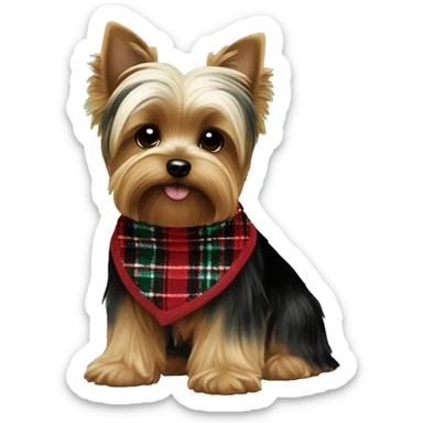 NO BLACK only brown and white BOY yorkie with a red and black plaid sweater the a name tag bruno with a green christmas bandana around the neck sticker