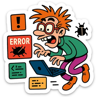 wacky programmer with buggy code flying around sticker