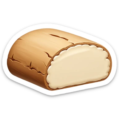 small mound or log of smooth pale beige almond paste with dense slightly matte surface and soft malleable texture, rounded clean edges, one or two slices beside it revealing uniform interior, no packaging or decoration, just the pâte d’amande, soft lighting, subtle shadows, emoji scale sticker