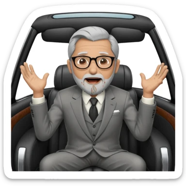 Professor Bentley Dyed black gray hair  frencb beard graying indian guy in suit sitting in a bentley car and screaming fraud. Older look around 60 yrs  with glasses slight balding sticker