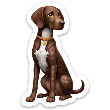 cinematic-[german pointer]-realistic-full-body-sitting-emoji,-tail-resting-loosely-beside-its-paws,-head-tilted-dramatically,-sleek-[brown spotted]-fur,-simplified-yet-realistic-focused-features,-highly-detailed,-glowing-with-an-almost-sarcastic-glow sticker