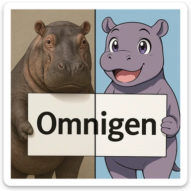 two hippo holding sign of omnigen, half picture 1 hippo is realistic another half is the anime of that same second hippo sticker