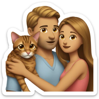 A man hugs a long brown-haired skinny hot woman and a bengal cat sticker