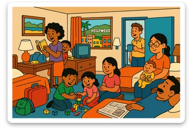 two families living together in a cheap motel room in Hollywood, Los Angeles, California, highly detailed colorful cartoon style sticker