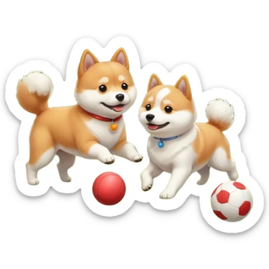 2 dogs, a ginger shiba inu and a small white dog breed coton de tulear, playing with a ball in a sunny garden sticker