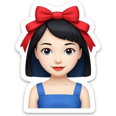 girl with white skin, short black hair, red bow, wearing a blue dress, smiling sticker