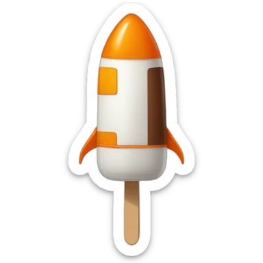 a white and orange popsicle shaped as a rocket with a chocolate top which is wearing a sword sticker