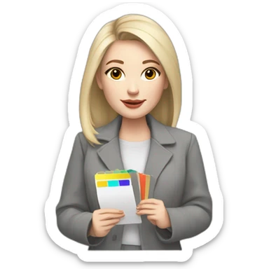 pale skin woman with cold blonde straight middle length hair, care haircut, White blouse, Gray oversize jacket, Gray skirt holding a color palette in the hands sticker