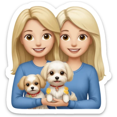 two women are holding only one Maltese dog. one woman is brunette the other woman is blonde long haired  sticker