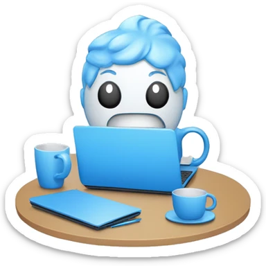 Emoji with a laptop and mugs representing the software development process and teamwork in blue color sticker