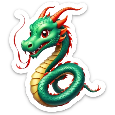 Cinematic Cute Chinese Serpent Dragon Portrait Emoji, Head tilted playfully and inquisitively, showcasing a slender, flowing body with vibrant jade scales and soft vermilion accents intertwined with whimsical wisps of cloud and water details; rendered with realistic finesse and warm natural light, high shine, charming and spirited, styled with a touch of mythic whimsy, soft glowing outline, capturing the essence of a mischievous yet endearing celestial dragon poised to weave magic into your dreams! sticker