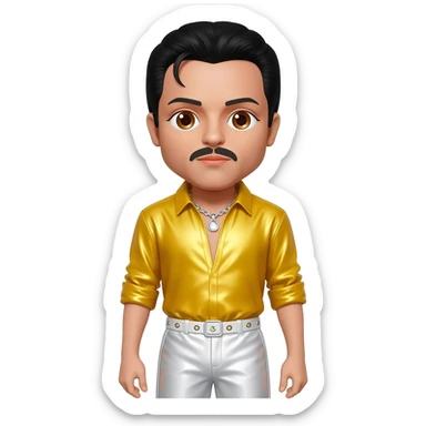 Freddie Mercury with brown eyes, black hair, yellow metallic shirt, white metallic baggy pants, silver necklace sticker