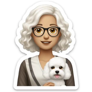 Girl medium length white hair, hazel eyes and glasses holding whit Bichon with tan ears sticker