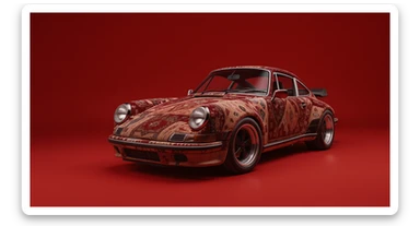 Medium shot of a porsche 911, body of car made of russian carpet with patterns, red solid studio background, low keu light, top soft light, dutch angle,  captured by ARRI 65 sticker