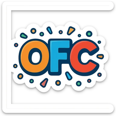 OFC letters, playful with confetti elements, logo style sticker