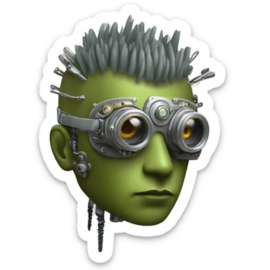 Olive green mohawk cyborg head with silver steampunk goggles, goatee and circuits sticker