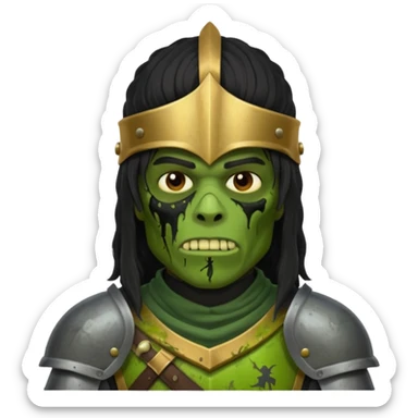 A black male with long black rough hair wearing a knight helmet with green zombie skin sticker
