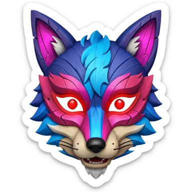 Ancient wooden mask, broken in half, luminous and neon with red, blue, and pink fox-like glow. Fragments of the mask scattered around. sticker