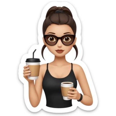 generate a pretty fair bratz girl with dark brown eyes, dark brown eyes tied into a slick back ponytail, thin brown sunglasses. Wearing a black cami top and drinking coffee sticker