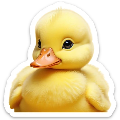 Cinematic Cute Yellow Baby Duck Portrait Emoji, Head tilted playfully and inquisitively, featuring a fluffy, vibrant yellow downy coat with a tiny delicate beak, round, sparkling eyes filled with curiosity, Simplified yet irresistibly adorable features, highly detailed, glowing with a warm, friendly glow, high shine, affectionate and spirited, stylized with a touch of playful whimsy, bright and endearing, soft glowing outline, capturing the essence of a mischievous yet loving duckling, so playful it feels like it could peep out of the screen and into your arms! sticker